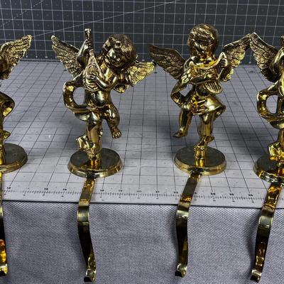 4- Solid Brass Cherub/Angel Christmas Stocking Hooks 
