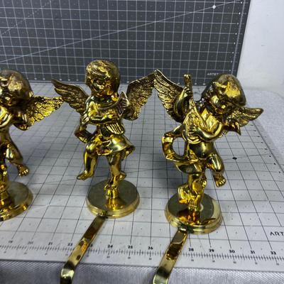 4- Solid Brass Cherub/Angel Christmas Stocking Hooks 