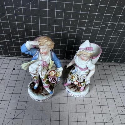 Saxony Bisque Porcelain Boy & Girl w/Baskets c. 1910