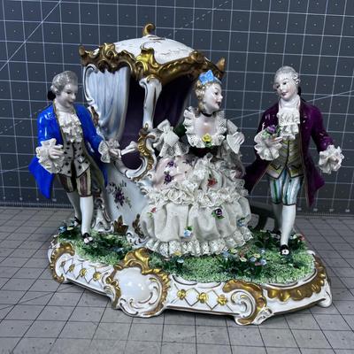 Lace Edge Porcelain Unterweissbach CARRIAGE with 3 Figurines