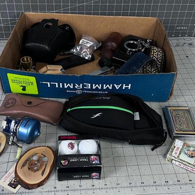 Lot of Weird Stuff: Camera, Weight Belt, Glass Case, Golf Ball, Paper Weight 