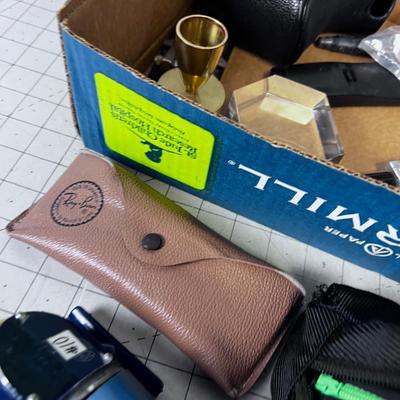 Lot of Weird Stuff: Camera, Weight Belt, Glass Case, Golf Ball, Paper Weight 
