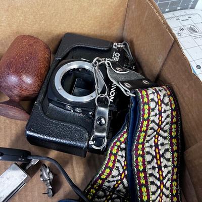 Lot of Weird Stuff: Camera, Weight Belt, Glass Case, Golf Ball, Paper Weight 