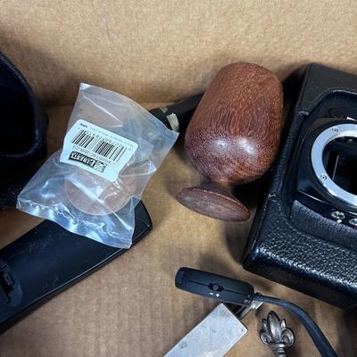 Lot of Weird Stuff: Camera, Weight Belt, Glass Case, Golf Ball, Paper Weight 