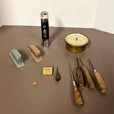 Vintage Tools, Flashlight, Staplers, Tape Measure and Barometer