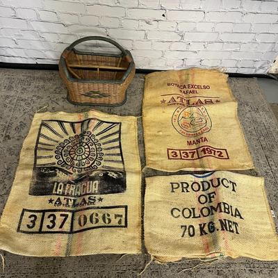 Vintage Coffee Bean Bags & Vintage Rattan Magazine Rack