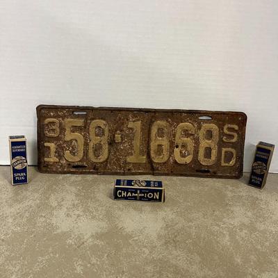 Vintage License Plate and Champion Spark Plugs