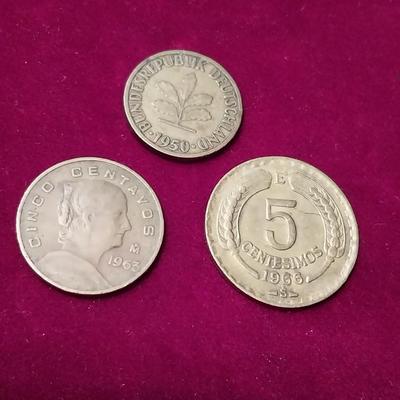 1963 CINCO CENTAVOS, 1950 GERMANY 5 PFENNINGS & 1966 CHILI 5 CENT COIN