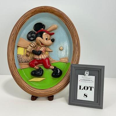 -8- HOME | Vintage Disney Mickey Mouse Playing Baseball | Wall Plaque Hand Painted