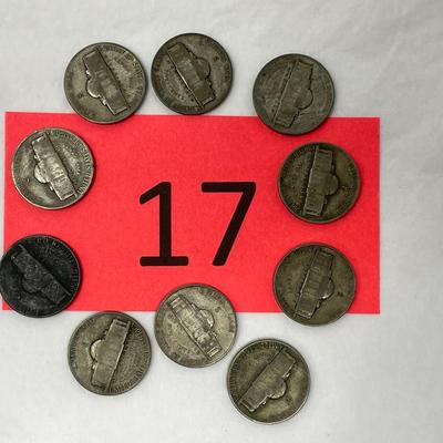 Lot of 10 1942/44 Jefferson War Nickels