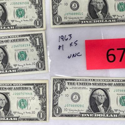 5 - 1963 $1 bills UNC
