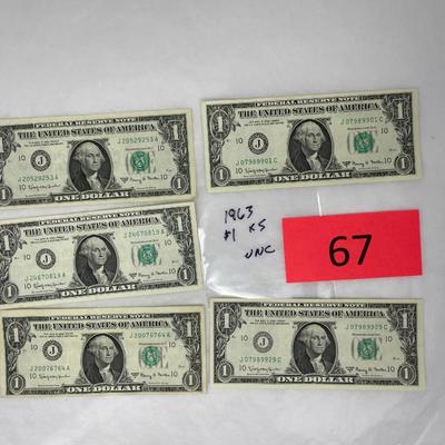 5 - 1963 $1 bills UNC