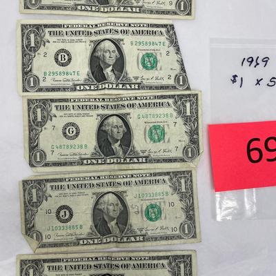 Lot of 5 Circulated 1969 $1 bills