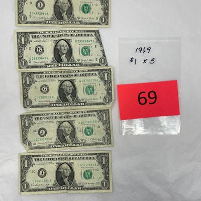 Lot of 5 Circulated 1969 $1 bills