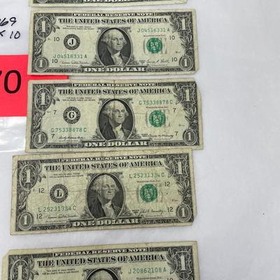 Lot of 10 Circulated 1969 $1 Bills