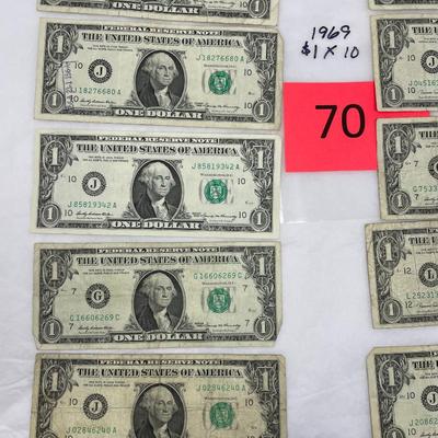 Lot of 10 Circulated 1969 $1 Bills