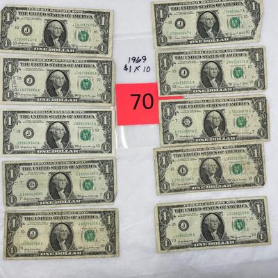 Lot of 10 Circulated 1969 $1 Bills