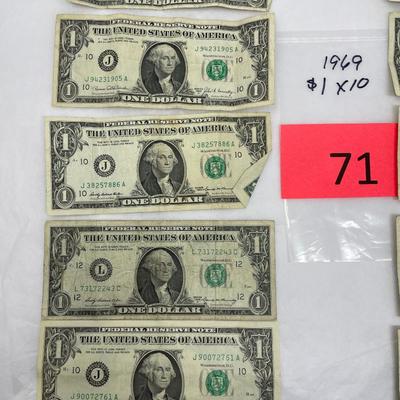 Lot of 10 1969 $1 bills