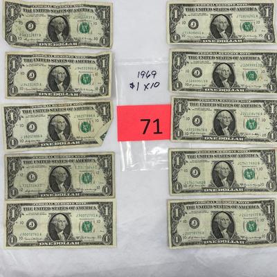 Lot of 10 1969 $1 bills