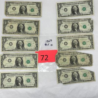 Lot 3 of 10 1969 $1 bills