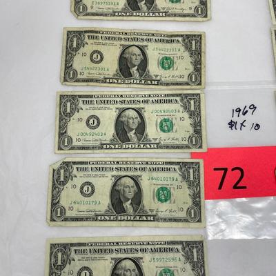 Lot 3 of 10 1969 $1 bills