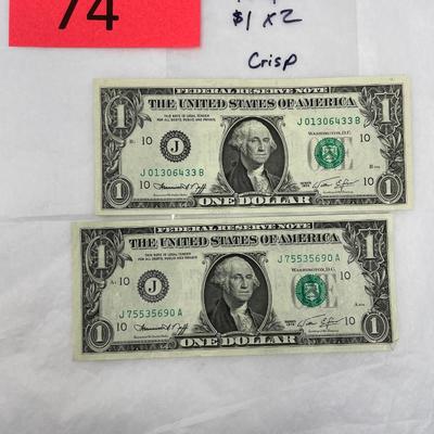 Lot of 2 Crisp 1974 $1 bills