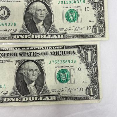 Lot of 2 Crisp 1974 $1 bills
