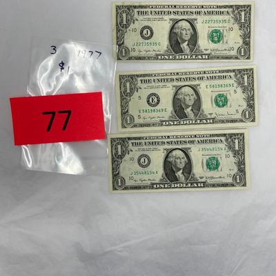 Lot of 3 1977 $1 bills