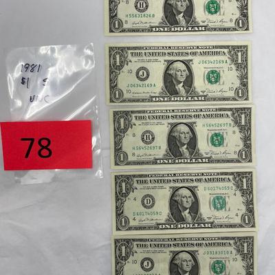 1981 Lot of 5 $1 bills UNC