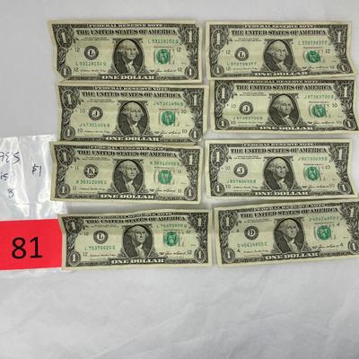 Lot of 8 Crisp 1985 $1 bills