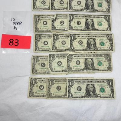 Lot of 15 1988 $1 bills