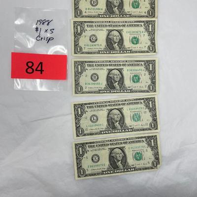1988 $1 bill Lot of 5