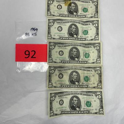 1969 $5 bill Lot of 5