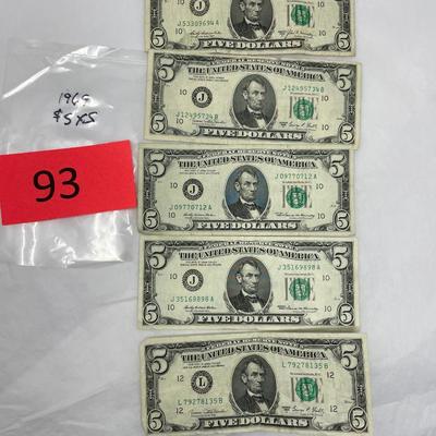 Lot of 5 1969 $5 bills