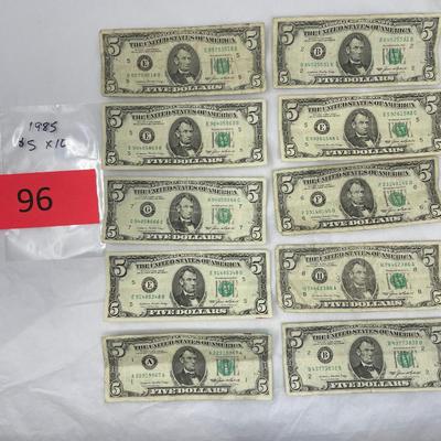 Lot of 10 1985 $5 bills