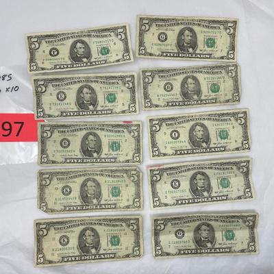 1985 $5 bills Lot of 10