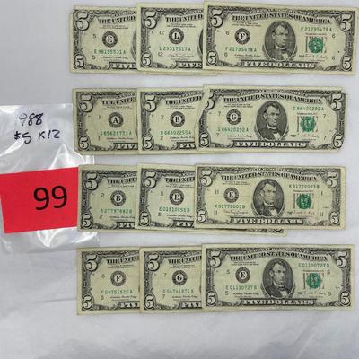Lot of 12 1988 $5 bills