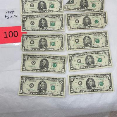 1988 $5 bill Lot of 10