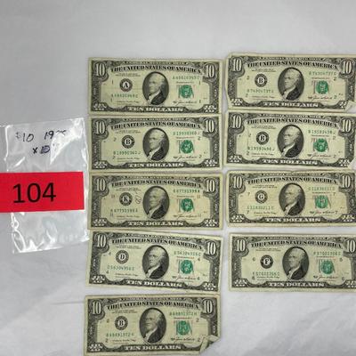 1985 $10 Bills Lot of 9