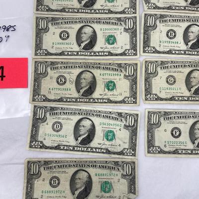1985 $10 Bills Lot of 9