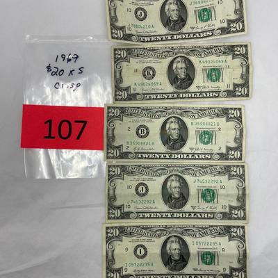 1969 $20 bills Lot of 5 Crisp