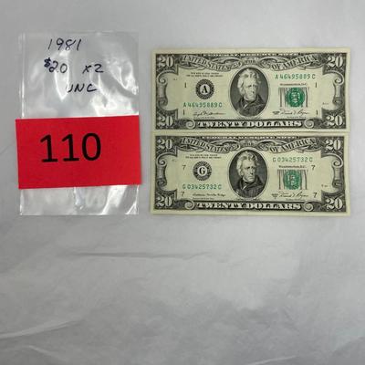 1981 $20 bill UNC Lot of 2