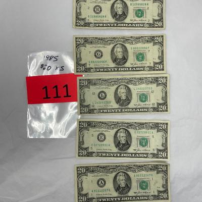 1985 $20 bill Lot of 5