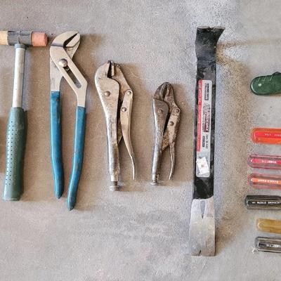 Tool Lot with Vise Grips, Multiple Screwdriver Types, Utility Bar & Mallet