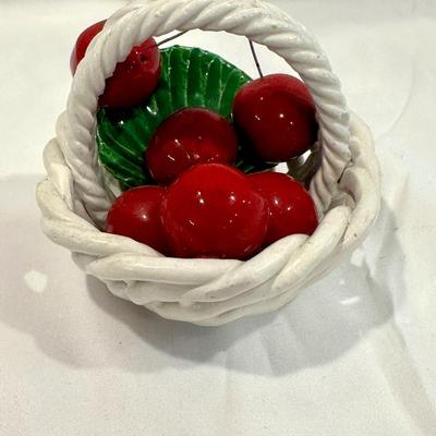Small Vintage Italian Capodimonte Cherries in White Basket