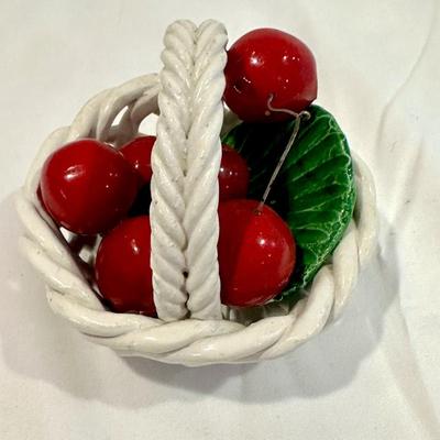 Small Vintage Italian Capodimonte Cherries in White Basket
