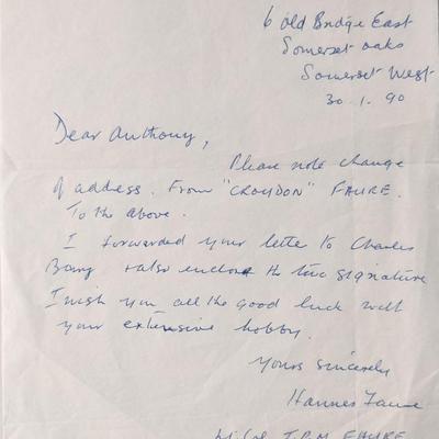 WW2 Military LT. Col. Hannes Faure signed letter 