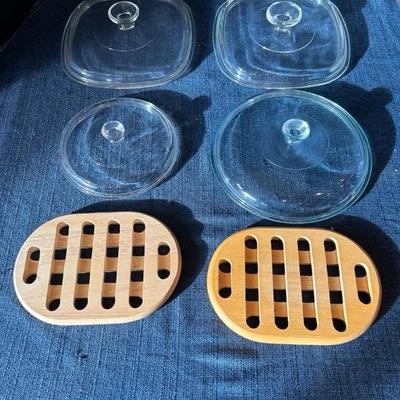 Lot 187 Pyrex glass lids P83C, 624C, A9C, trivets