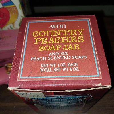 VINTAGE PEACHS SOAP JAR-CREAMERY HAND LOTION-CHAMPAGNE BOTTLE PERFUME-LADY SLIPPER