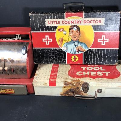 LOT 20D: Vintage Toys - Life Little Country Doctor, Tom Thumb Cash Register & American Toy & Furniture Company Tool Chest